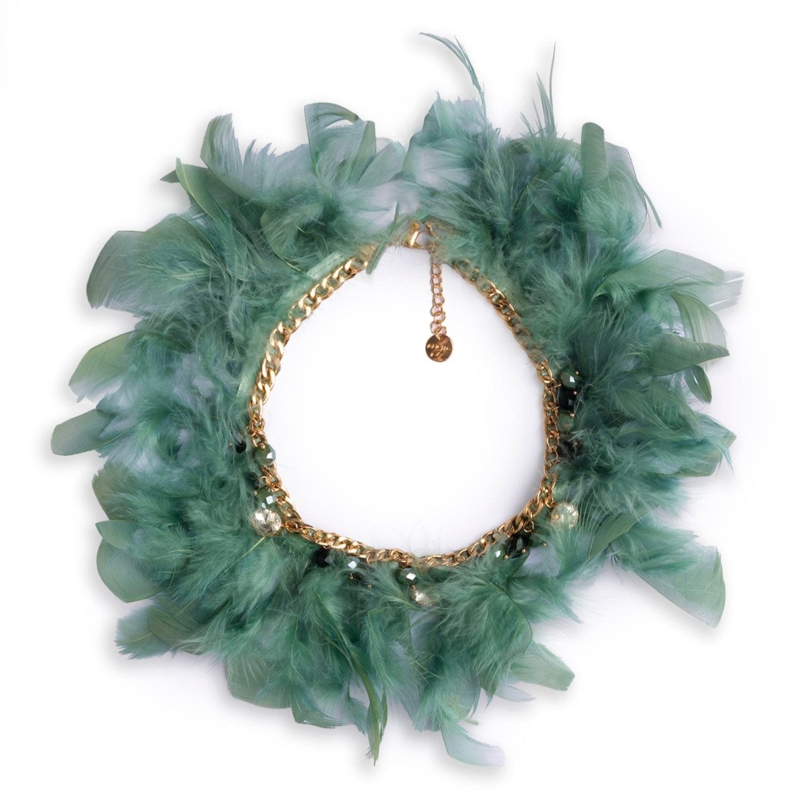 Collana girocollo in metallo con pietre in vetro e piume verde petrolio - Mya Accessories