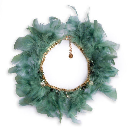 Collana girocollo in metallo con pietre in vetro e piume verde petrolio - Mya Accessories