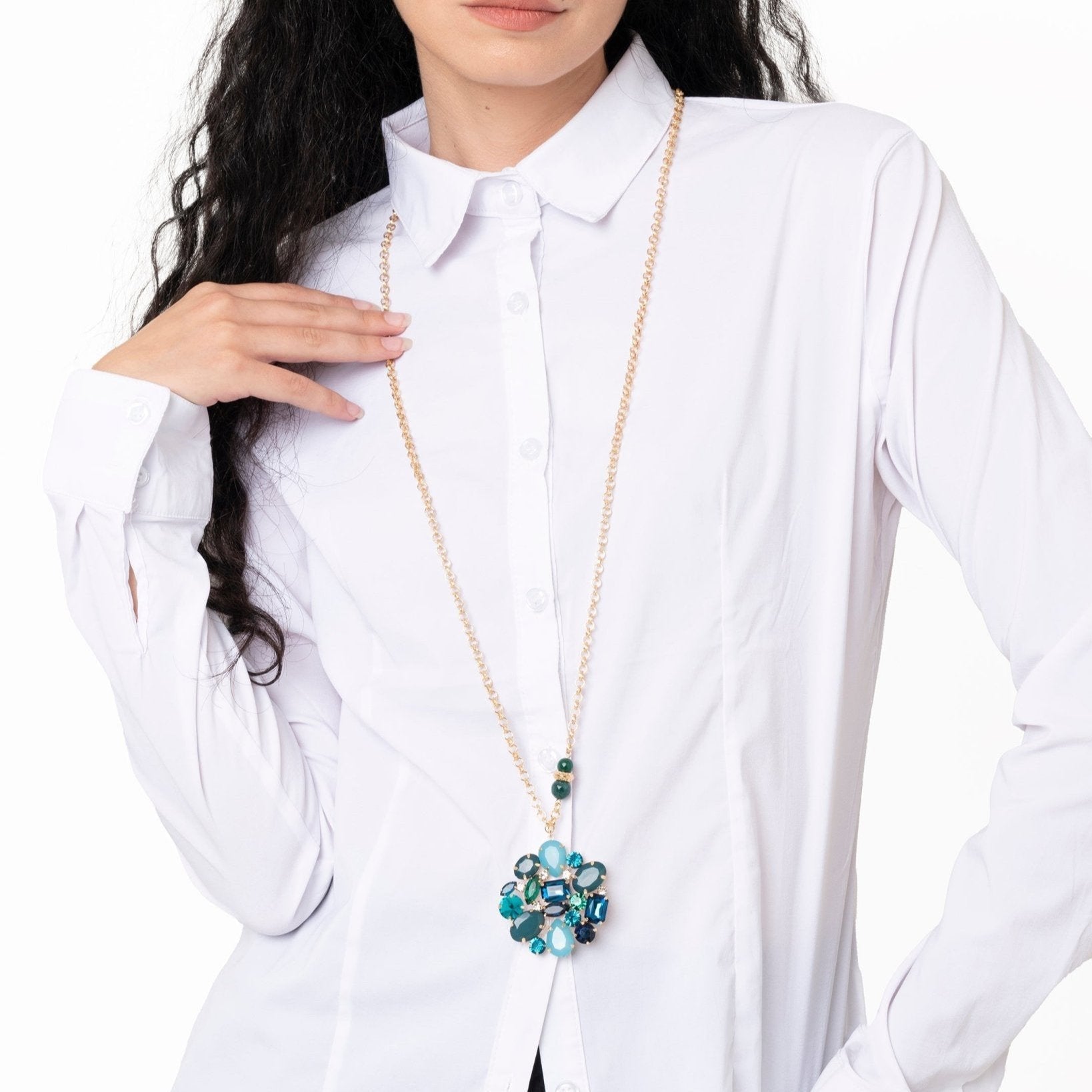 Collana lunga in catena con fiore in vetro verde petrolio - Mya Accessories
