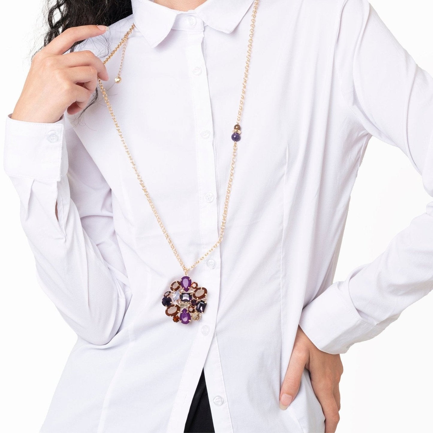 Collana lunga in catena con fiore in vetro viola e marrone - Mya Accessories