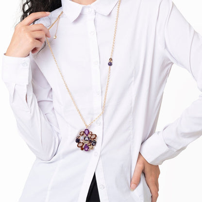 Collana lunga in catena con fiore in vetro viola e marrone - Mya Accessories