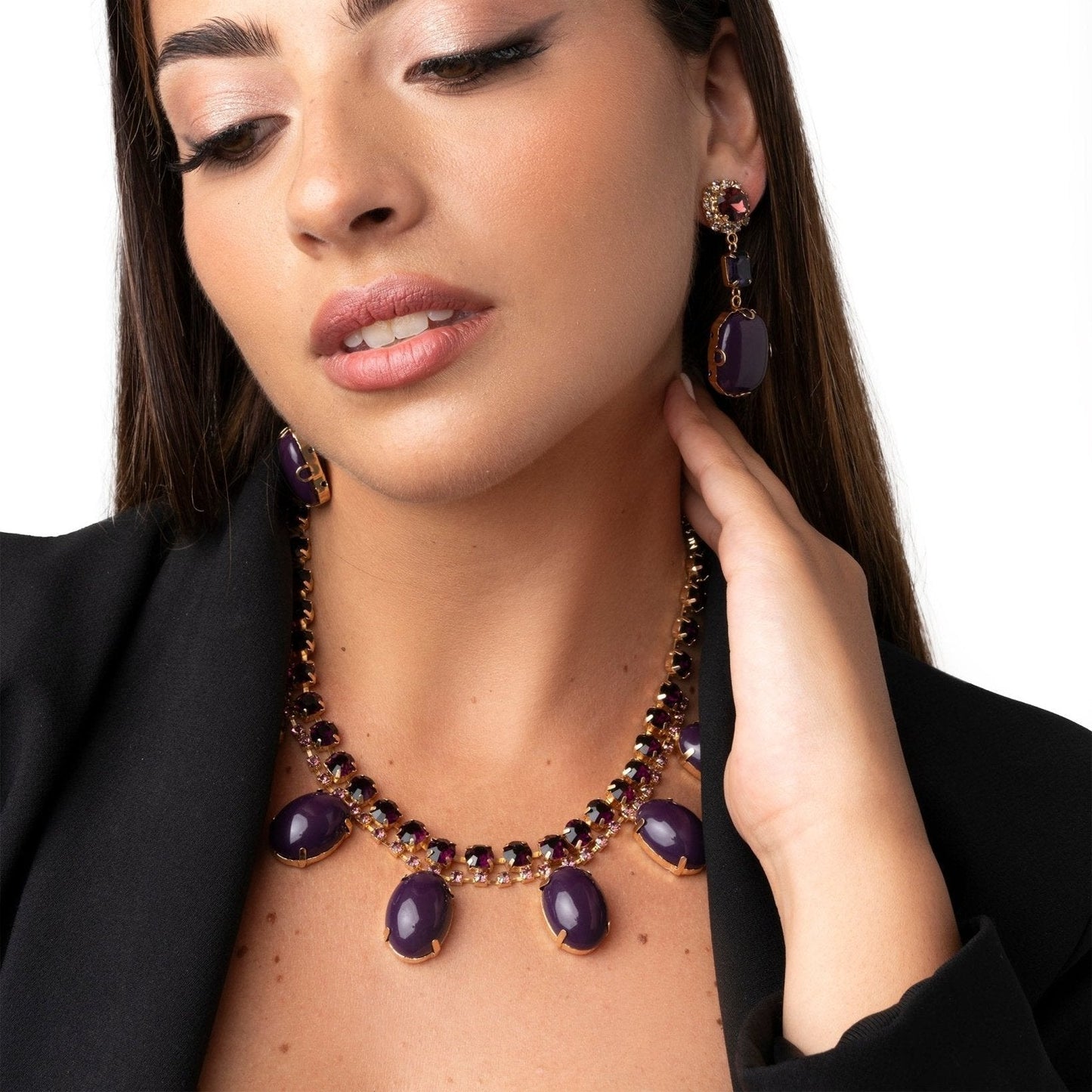 Collana girocollo in metallo con pietre in vetro e resina viola - Mya Accessories