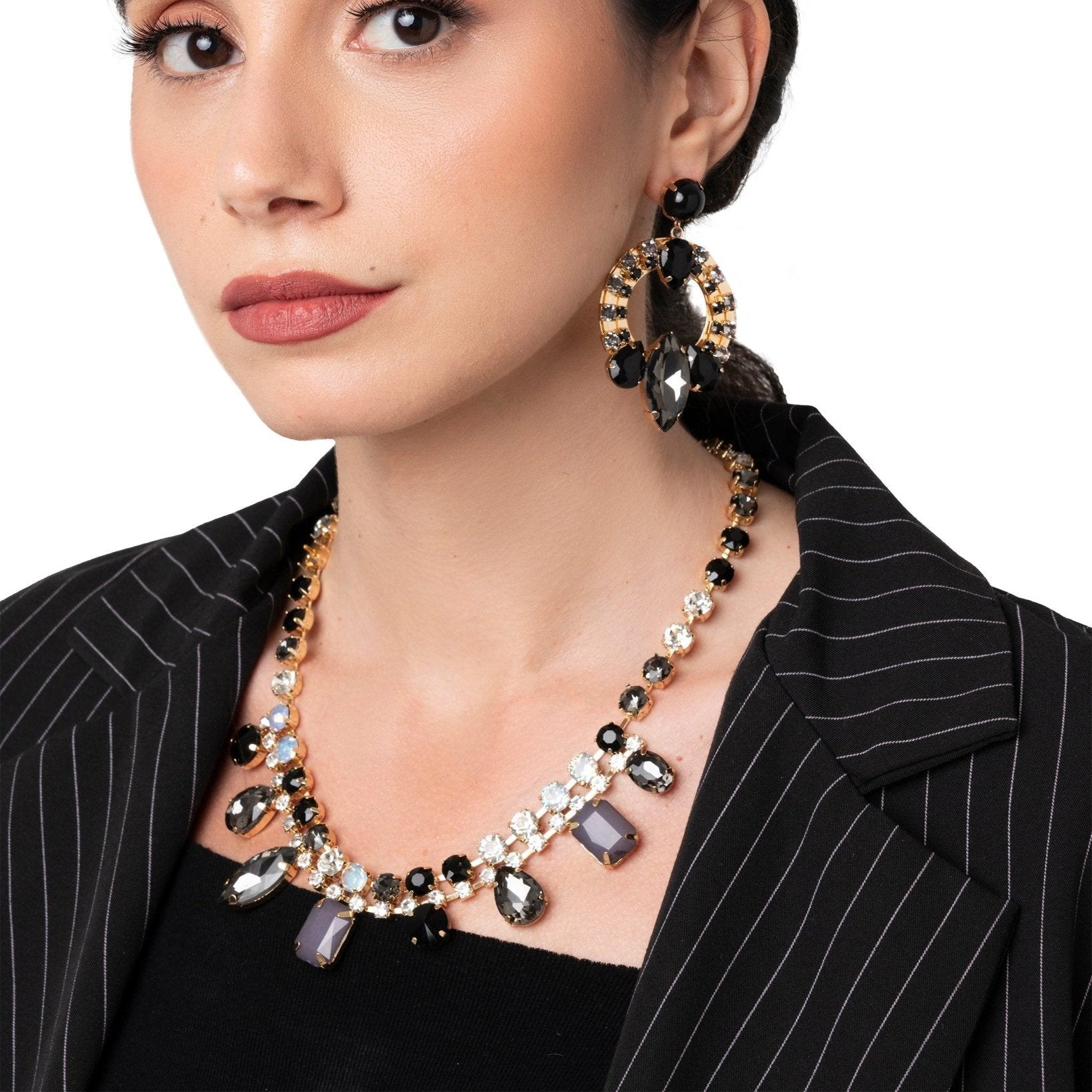 Collana girocollo con pietre in vetro nere e crystal - Mya Accessories