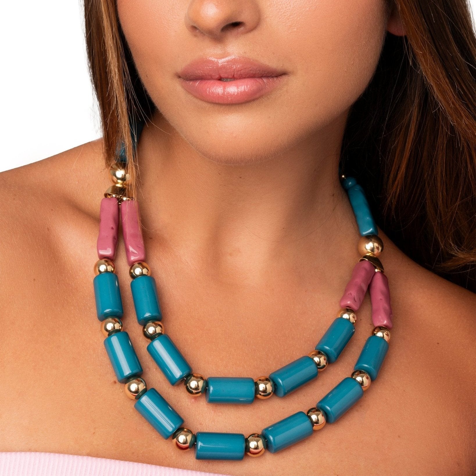 Collana a due fili in resina petrolio e rosa - Mya Accessories