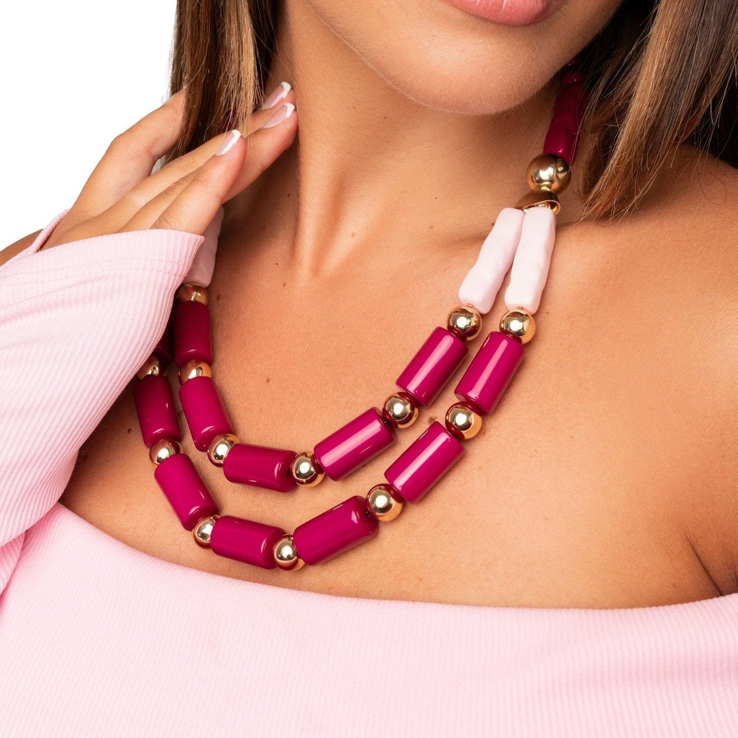 Collana a due fili in resina fucsia e rosa - Mya Accessories