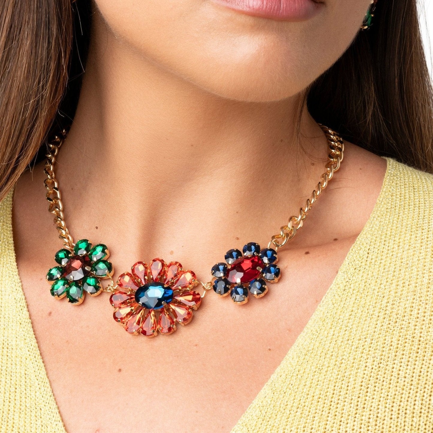 Collana girocollo a catena con tre charms a fiori in vetro multicolore - Mya Accessories