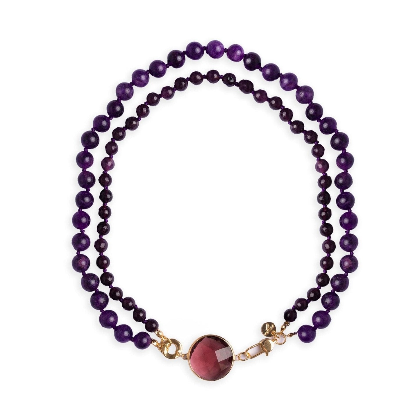 Collana girocollo con doppio filo di pietre dure viola, pendente circolare in vetro - Mya Accessories