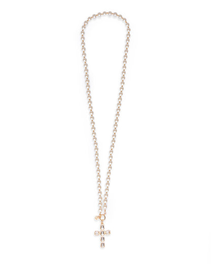 Collana lunga con perle in vetro e pendente a  forma di croce