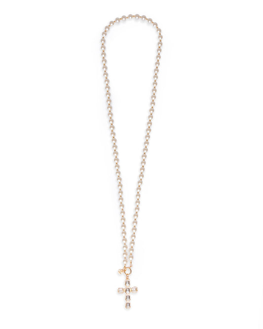 Collana lunga con perle in vetro e pendente a  forma di croce