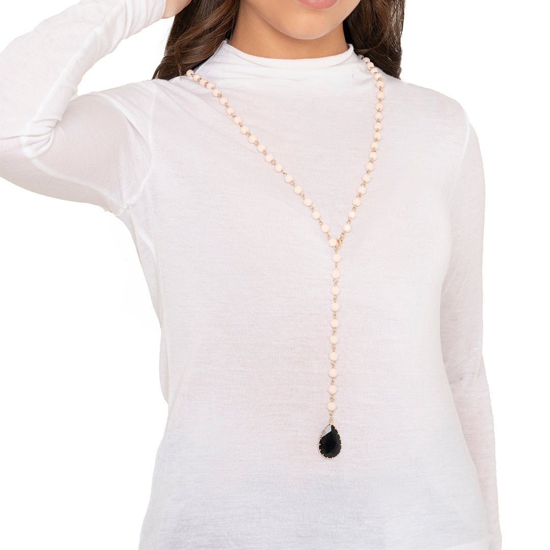 Collana lunga rosario con pietre in vetro rosa antico con pendente a goccia - Mya Accessories
