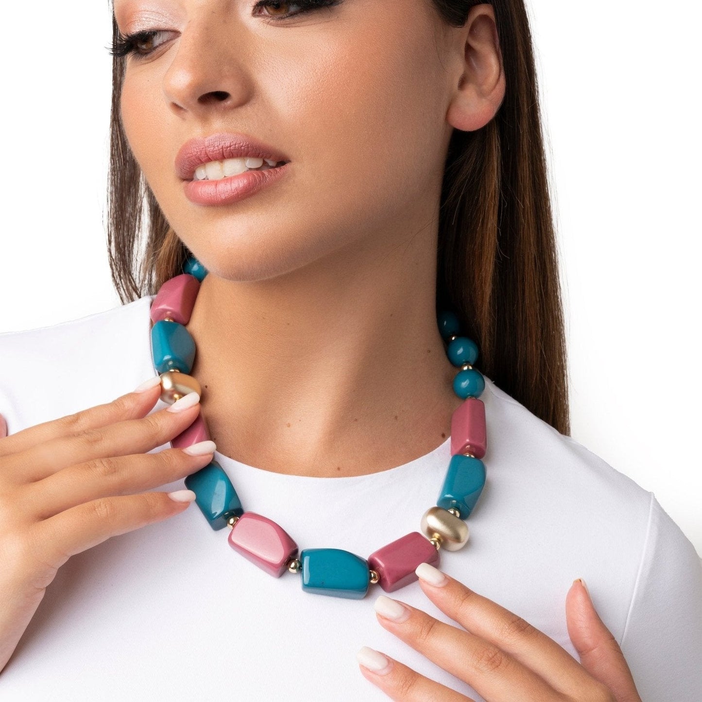 Collana girocollo in resina ed acrilico petrolio e rosa - Mya Accessories