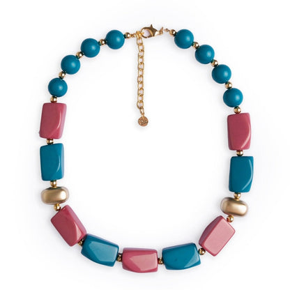 Collana girocollo in resina ed acrilico petrolio e rosa - Mya Accessories