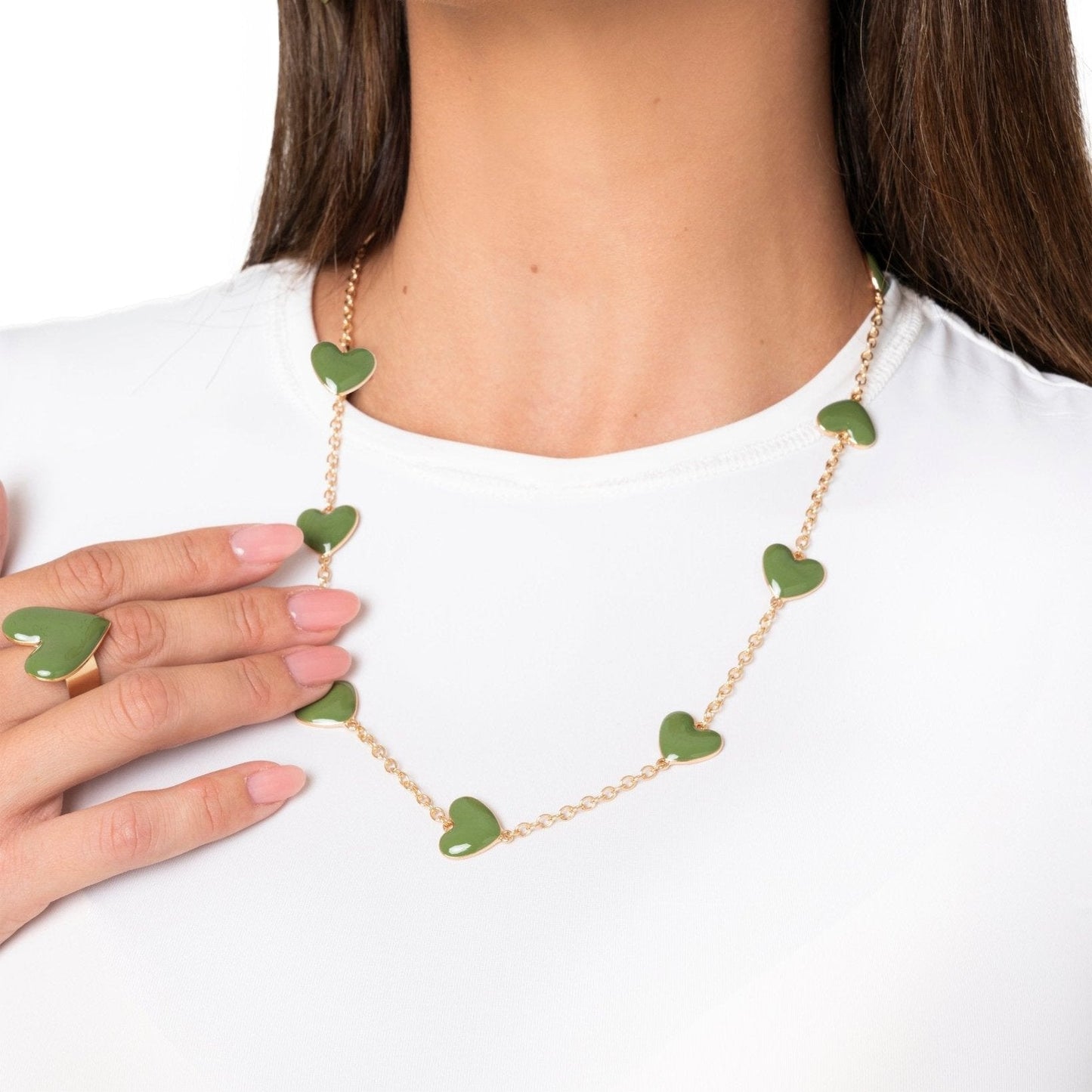 Collana girocollo a catena con cuori smaltati verdi - Mya Accessories
