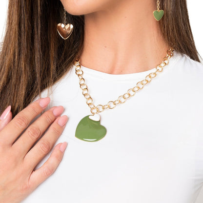 Collana girocollo a catena con pendente doppio cuore smaltato bianco e verde - Mya Accessories