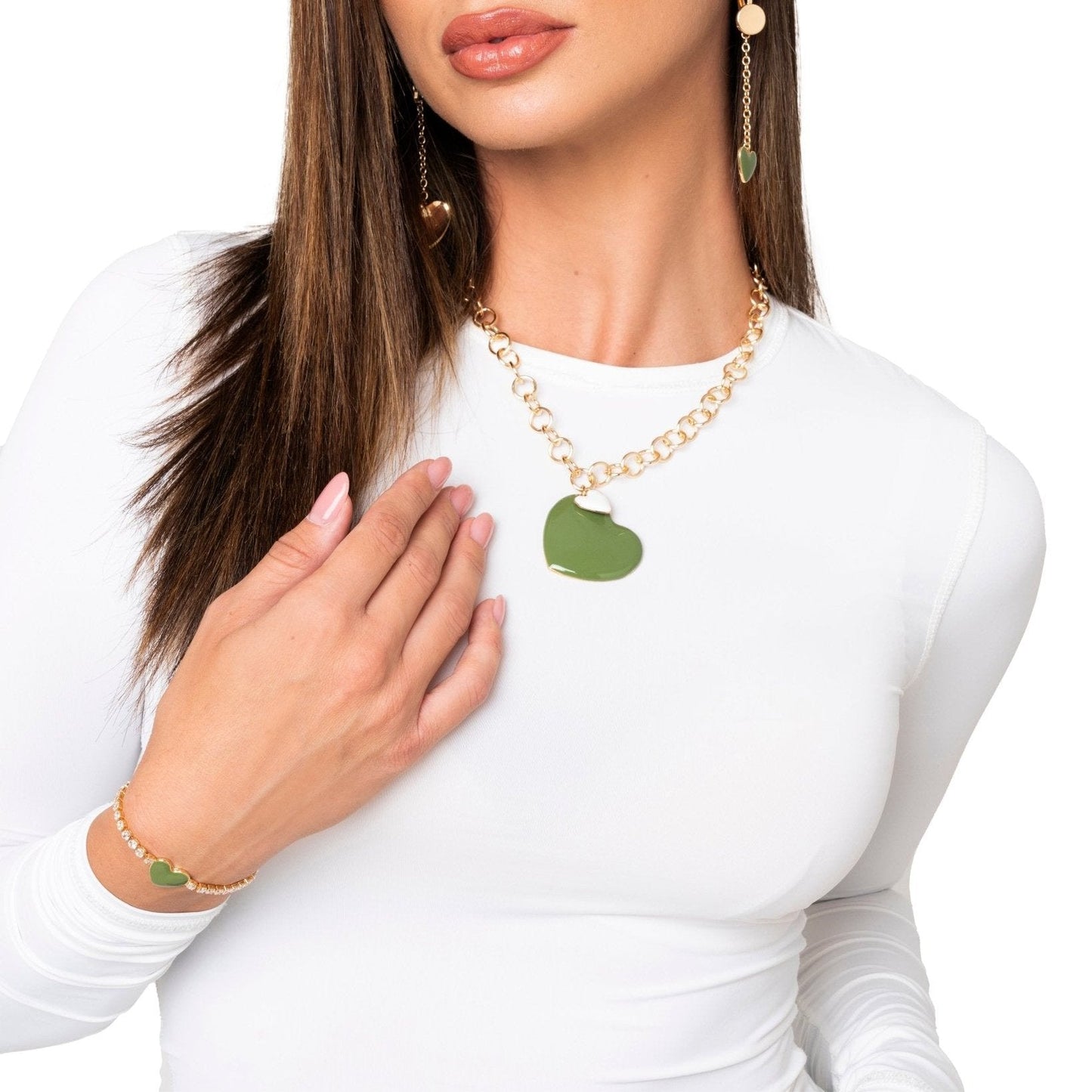 Collana girocollo a catena con pendente doppio cuore smaltato bianco e verde - Mya Accessories