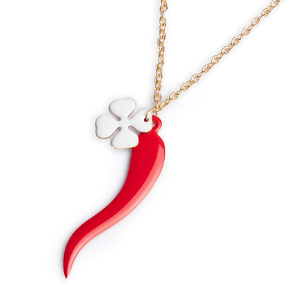 Collana lunga a catena con doppio pendente smaltato quadrifoglio bianco e corno rosso - Mya Accessories
