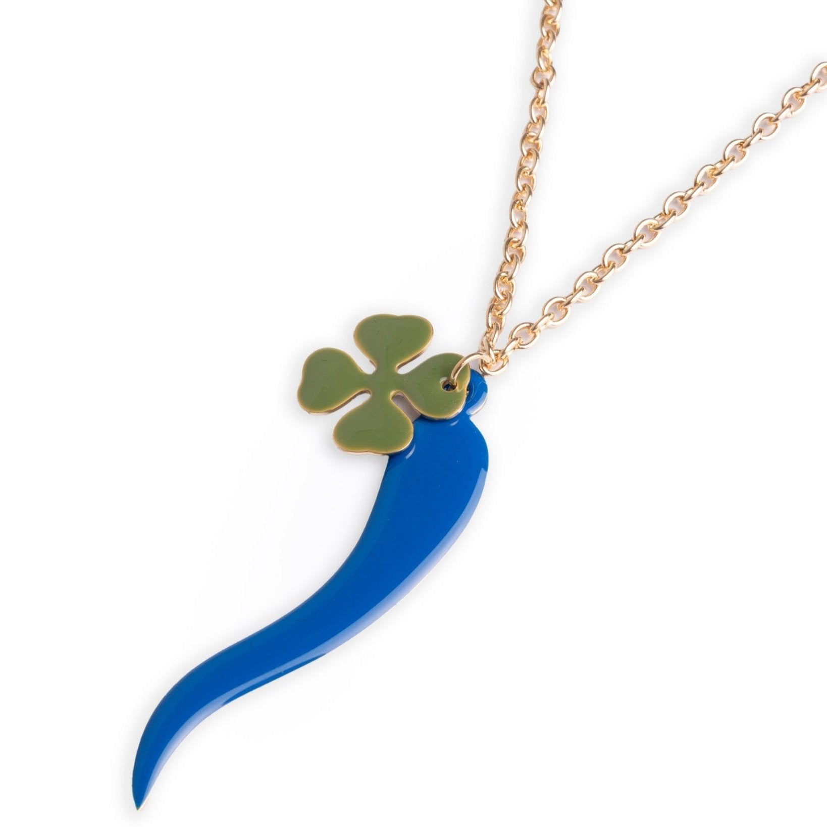 Collana lunga a catena con doppio pendente smaltato quadrifoglio verde e corno blu - Mya Accessories