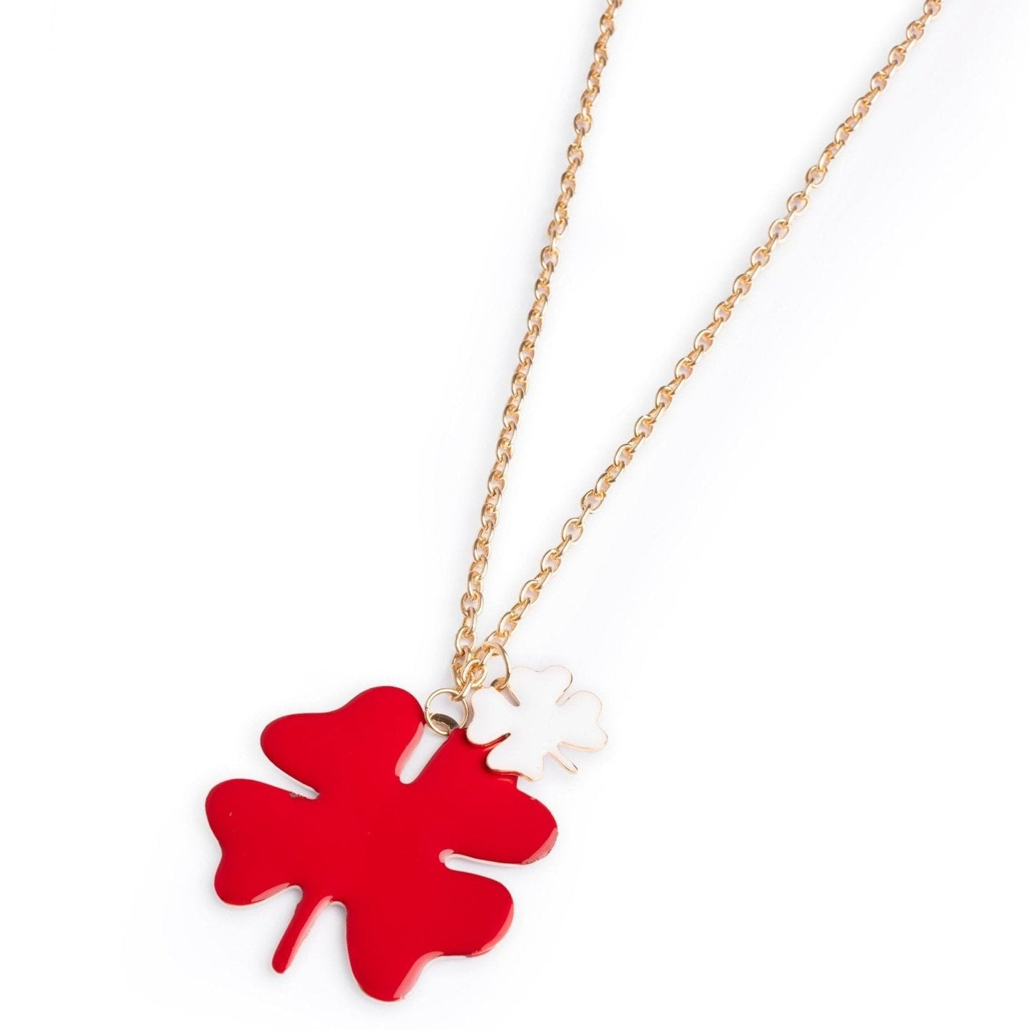 Collana lunga a catena con doppio pendente smaltato quadrifoglio bianco e rosso - Mya Accessories