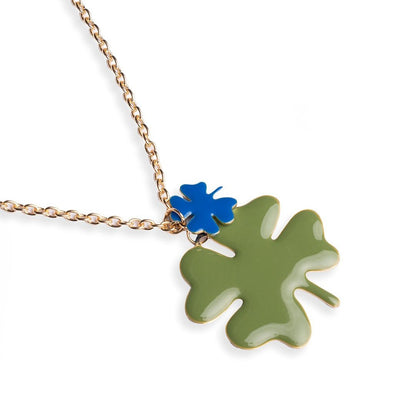 Collana lunga a catena con doppio pendente smaltato quadrifoglio blu e verde - Mya Accessories