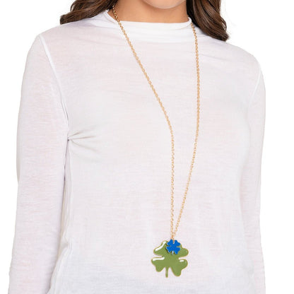 Collana lunga a catena con doppio pendente smaltato quadrifoglio blu e verde - Mya Accessories