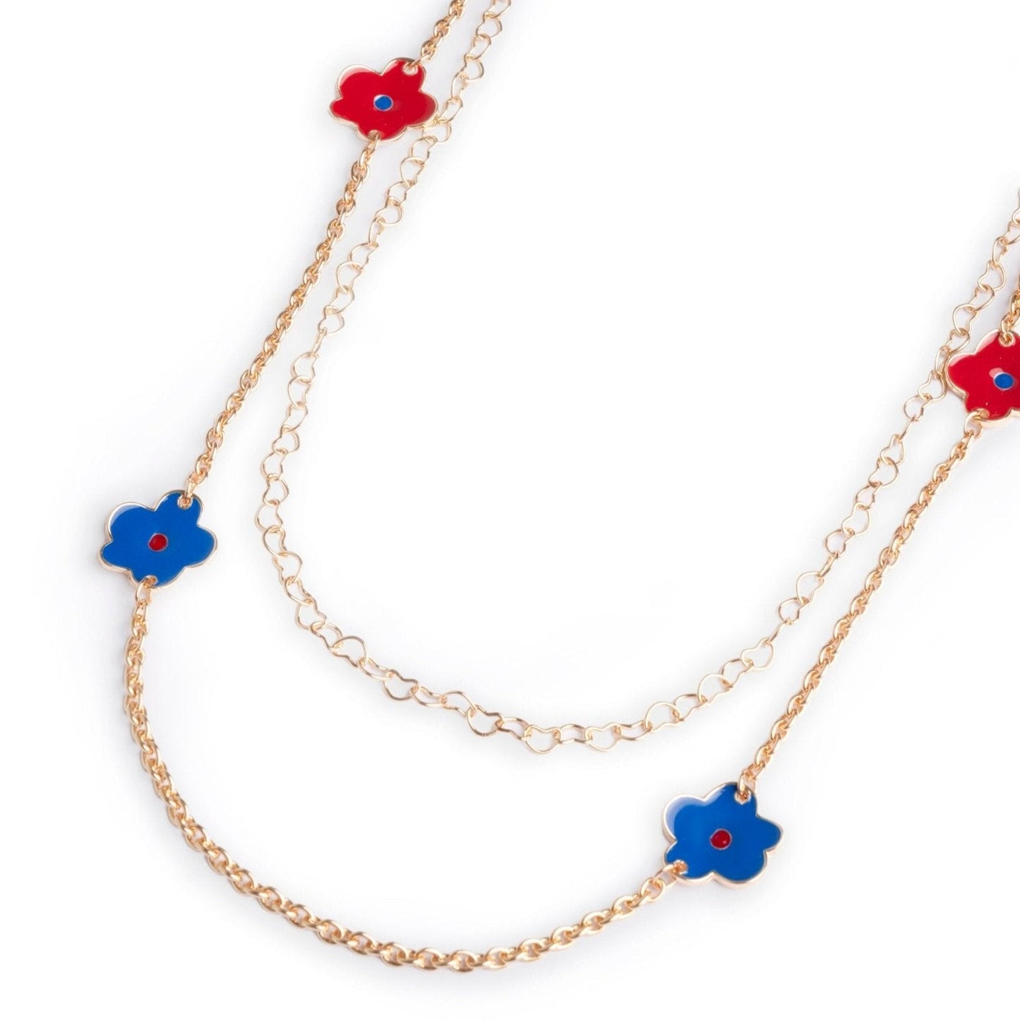 Collana lunga a catena doppio filo con fiori smaltati blu e rossi - Mya Accessories