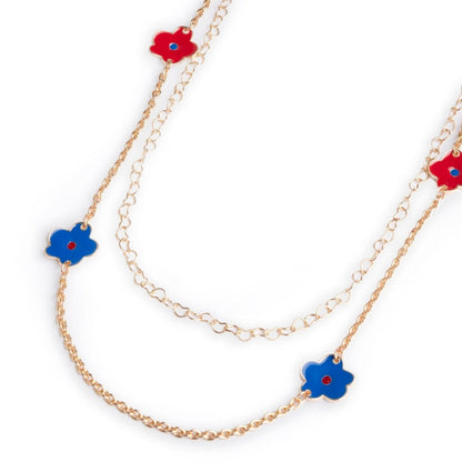 Collana lunga a catena doppio filo con fiori smaltati blu e rossi - Mya Accessories