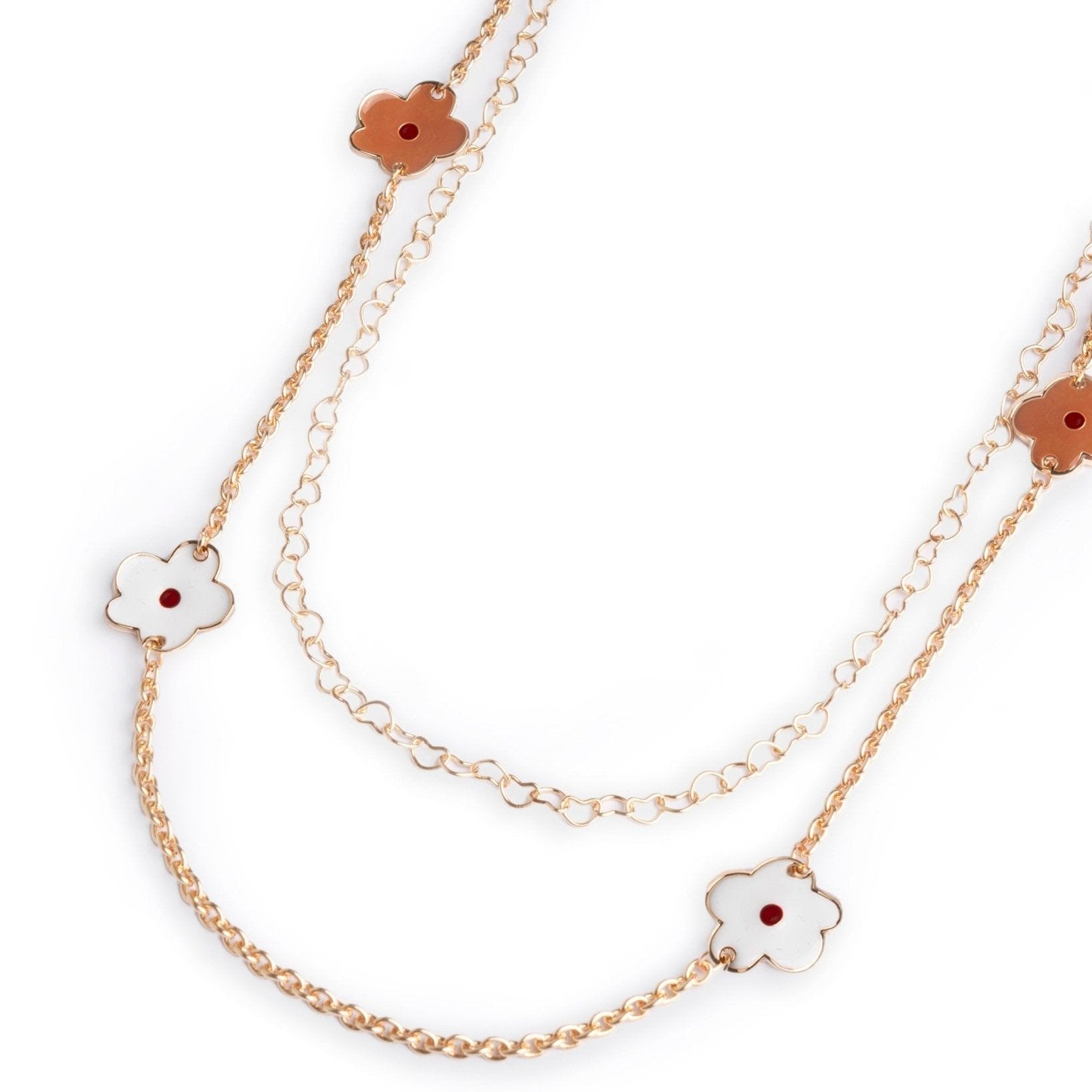 Collana lunga a catena doppio filo con fiori smaltati bianchi e beige - Mya Accessories