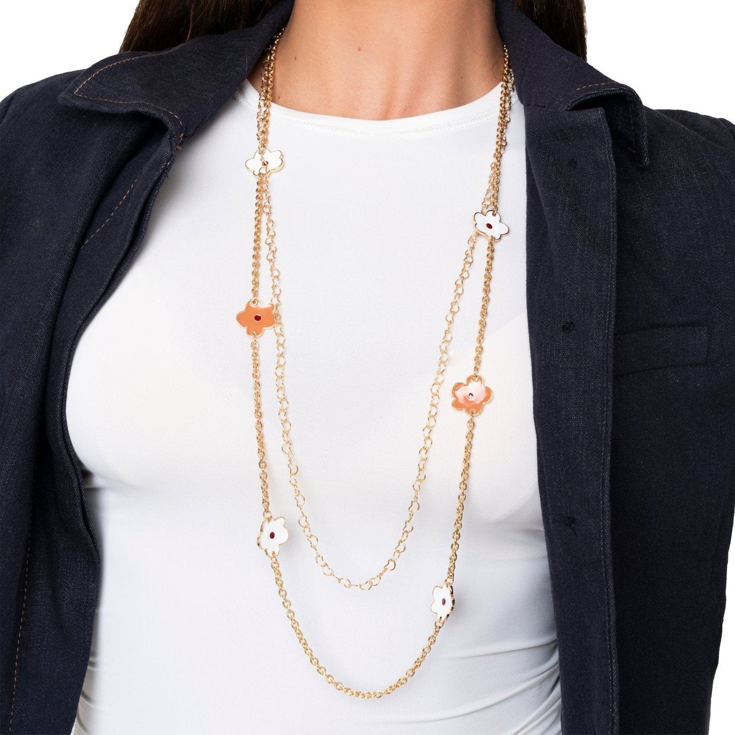 Collana lunga a catena doppio filo con fiori smaltati bianchi e beige - Mya Accessories