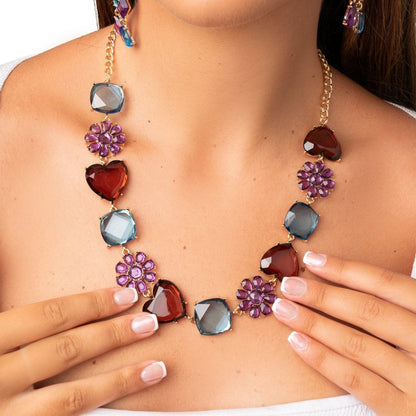 Collana girocollo con parti in acrilico trasparente blu, lilla e marrone - Mya Accessories