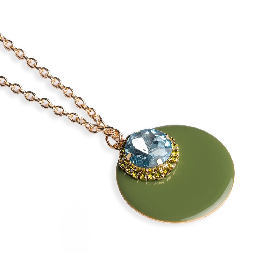 Collana lunga in acciaio con doppio pendente smaltato ed in vetro verde - Mya Accessories