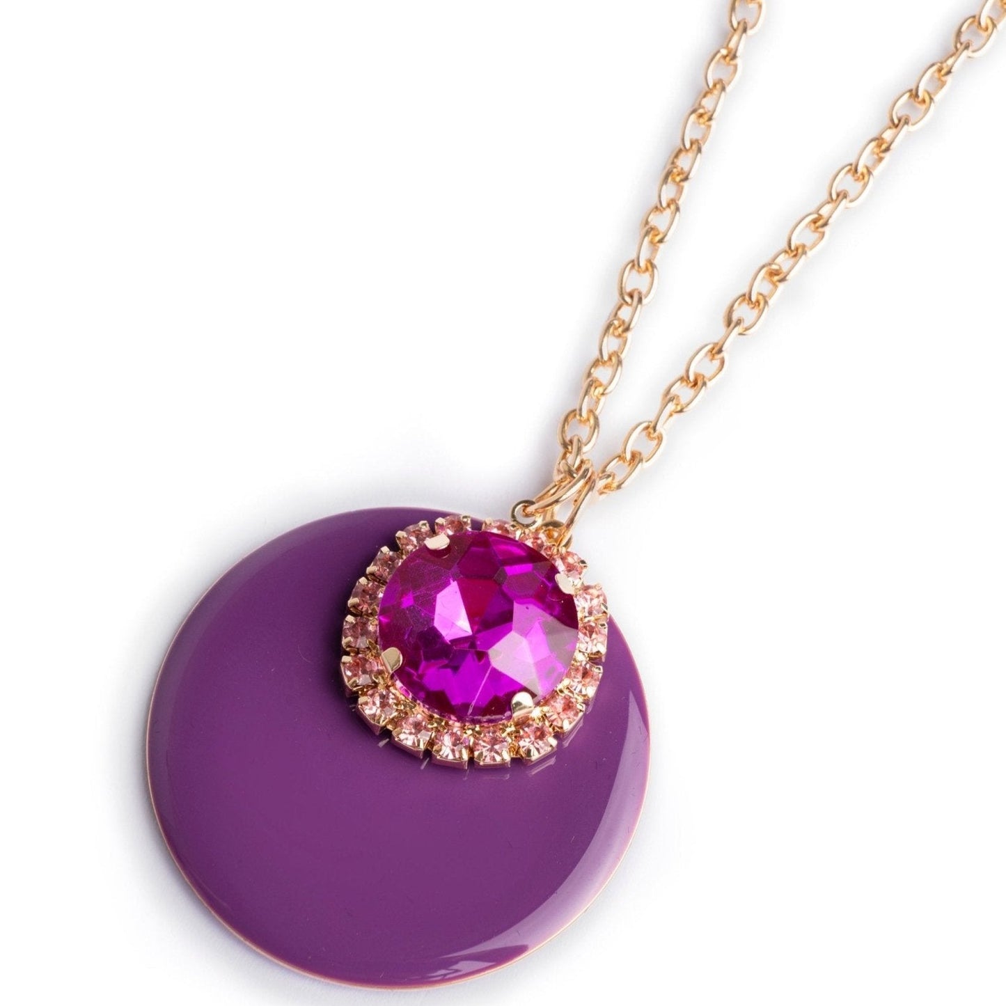 Collana lunga in acciaio con doppio pendente smaltato ed in vetro viola - Mya Accessories