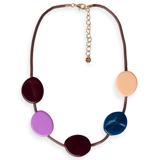 Collana girocollo con laccio bronzato con inserti circolari in acrilico multicolore