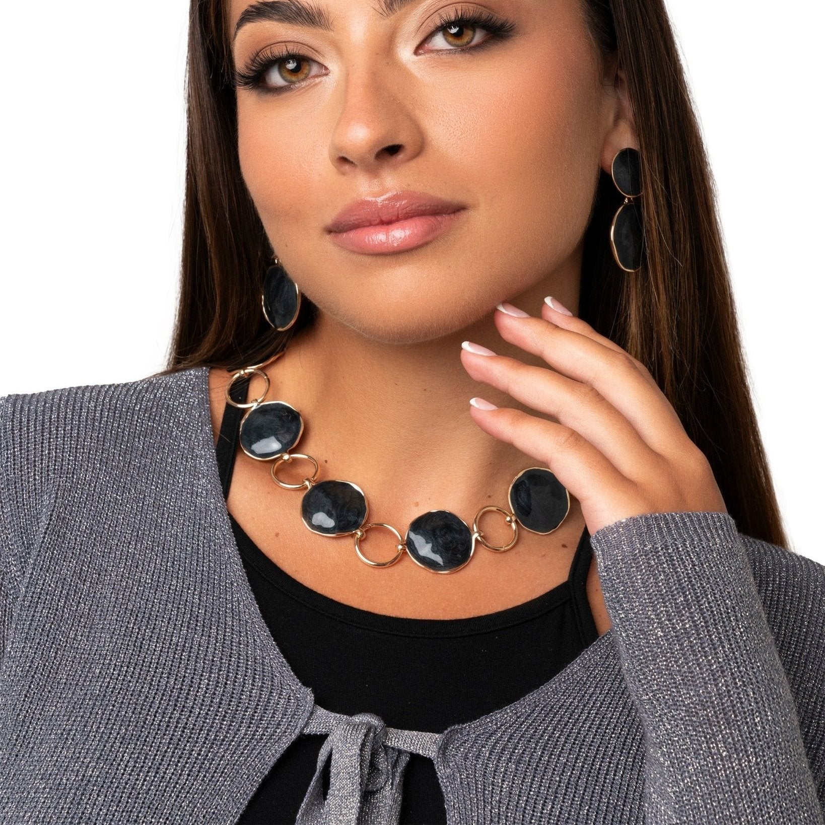 Collana girocollo in metallo con cerchi marmorizzati grigio scuro - Mya Accessories