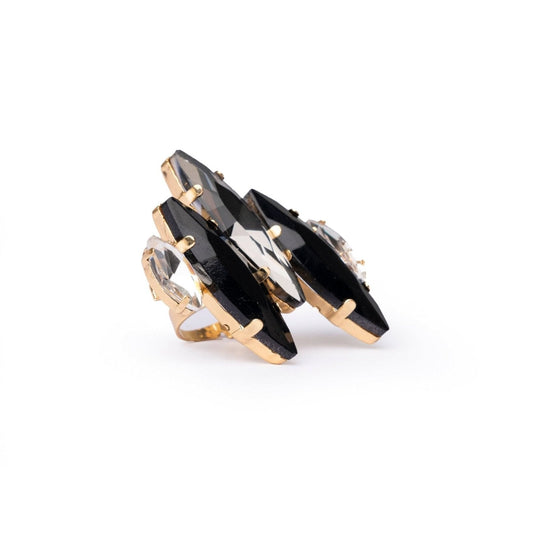 Anello in metallo regolabile con pietre a foglia in resina nero e crystal - Mya Accessories