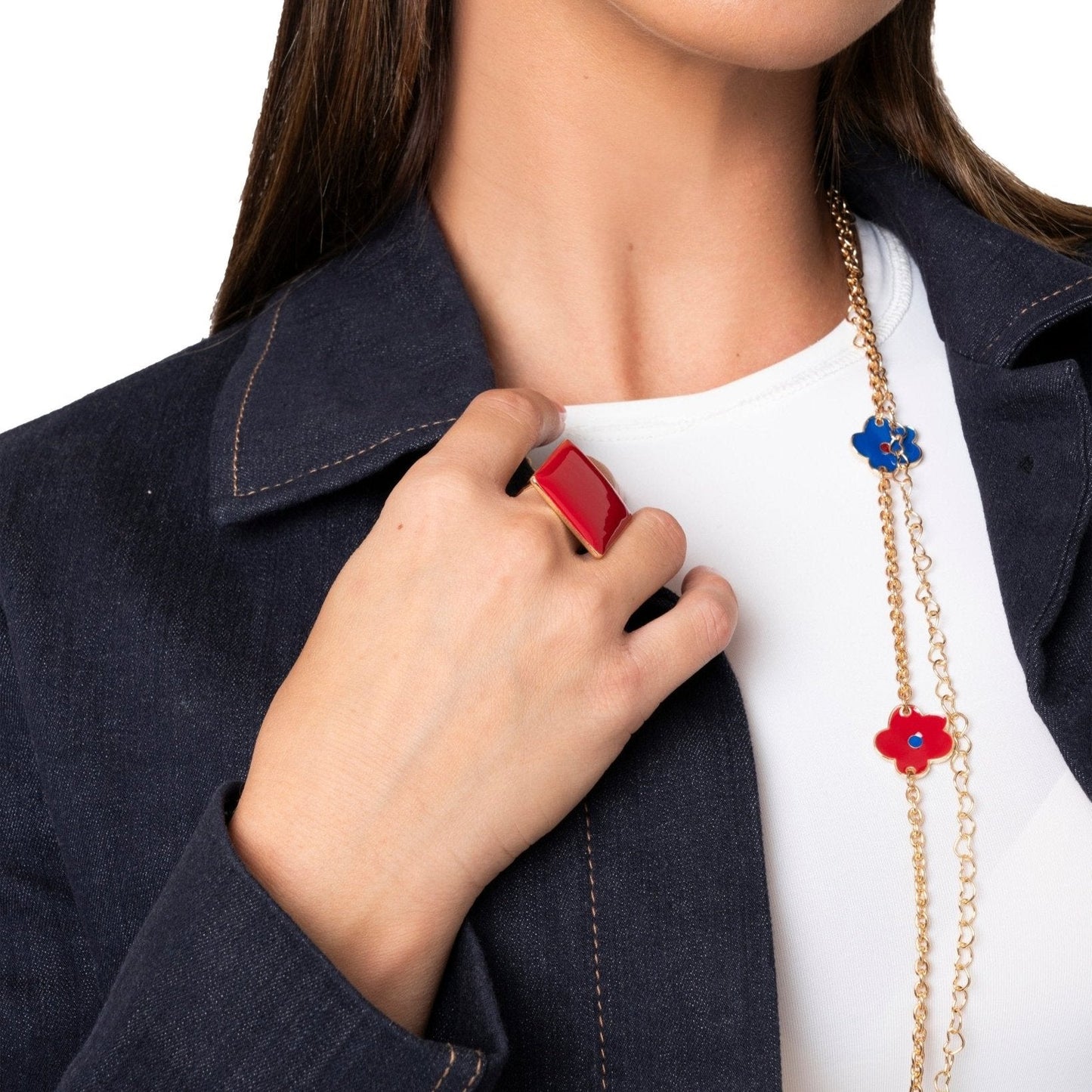 Anello regolabile in metallo con placchetta quadrata smaltata rossa - Mya Accessories