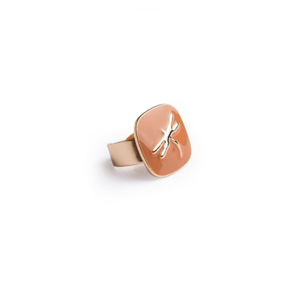 Anello regolabile in metallo con placchetta smaltata beige con libellula - Mya Accessories