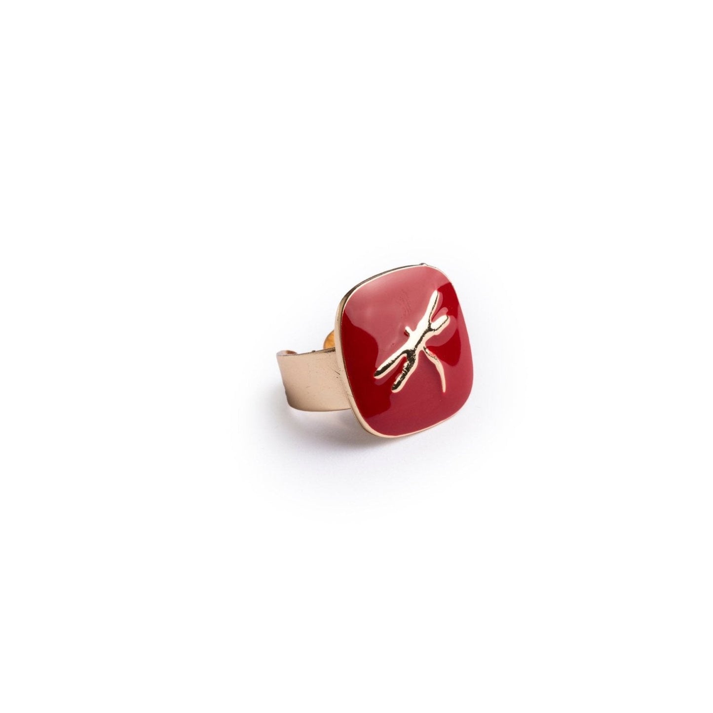 Anello regolabile in metallo con placchetta smaltata rossa con libellula - Mya Accessories