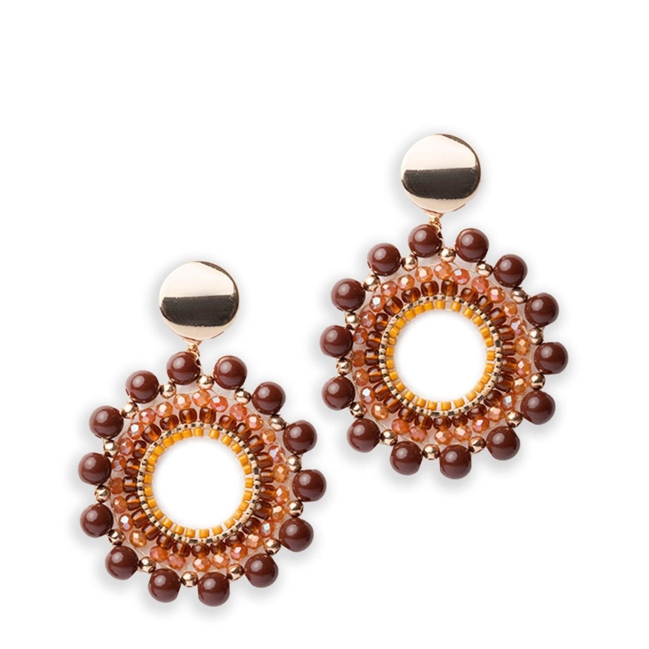 Orecchini pendenti base circolare pietre acrilico marroni - Mya Accessories