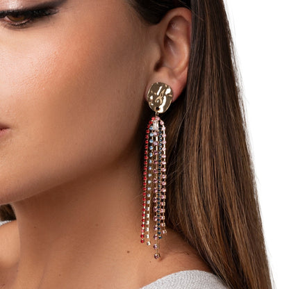 Orecchini pendenti con placchetta circolare con fili di strass multicolore - Mya Accessories
