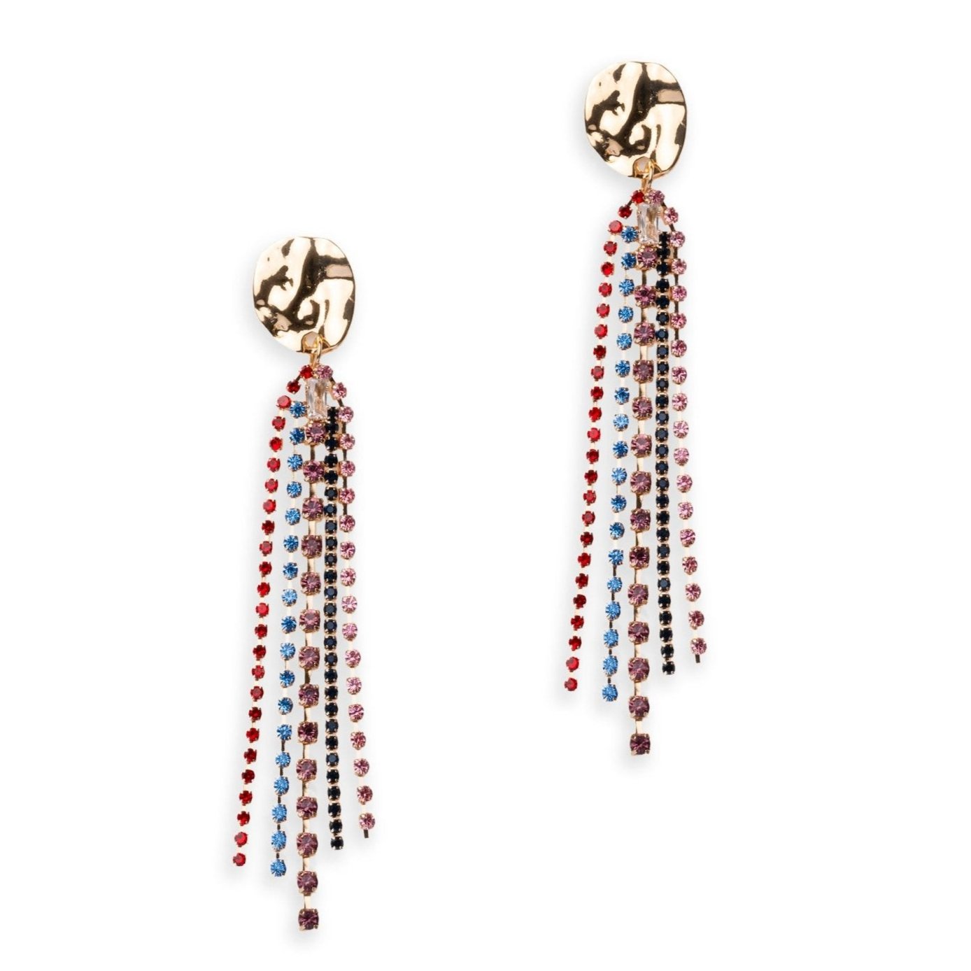 Orecchini pendenti con placchetta circolare con fili di strass multicolore - Mya Accessories