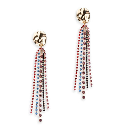 Orecchini pendenti con placchetta circolare con fili di strass multicolore - Mya Accessories