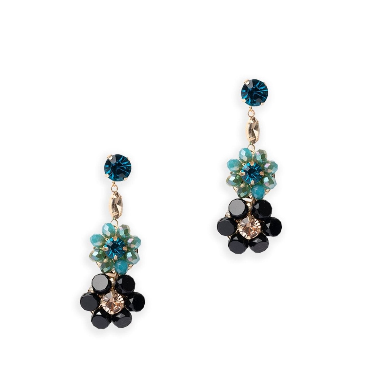 Orecchini pendenti con fiorellini in vetro in acrilico verde petrolio e nero - Mya Accessories