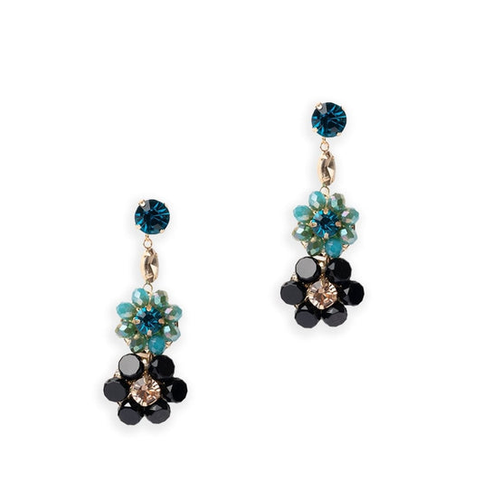 Orecchini pendenti con fiorellini in vetro in acrilico verde petrolio e nero - Mya Accessories