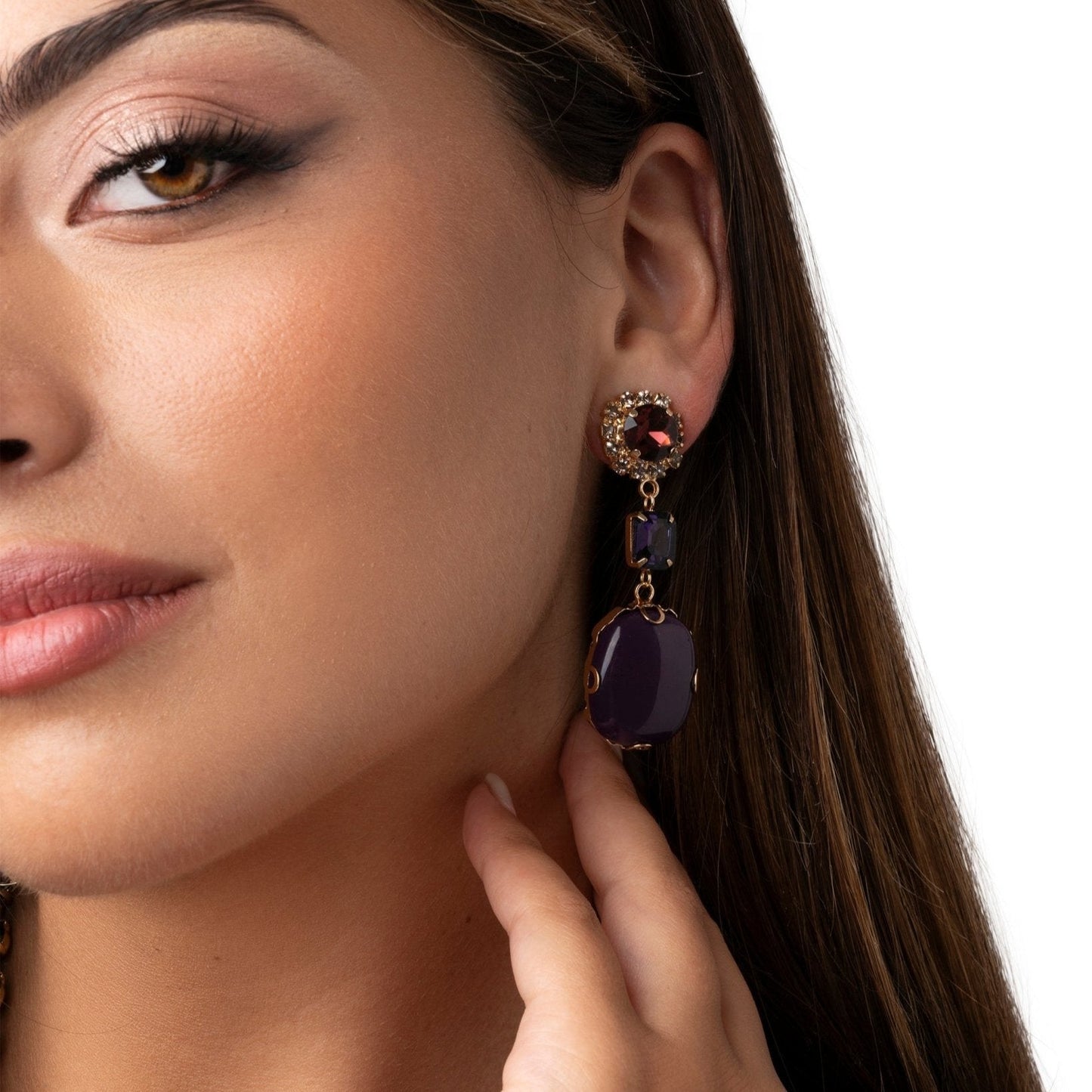 Orecchini pendenti con pietra in resina e vetro viola - Mya Accessories