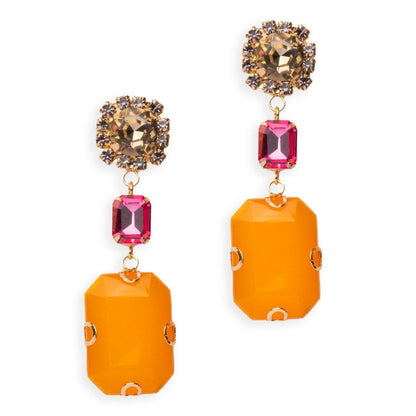 Orecchini pendenti con pietra in vetro rosa e resina tono senape - Mya Accessories