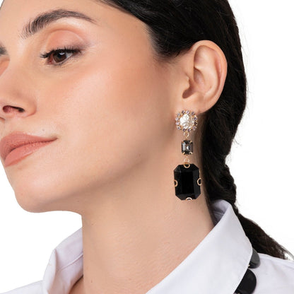 Orecchini pendenti con pietra in vetro rosa e resina tono nero - Mya Accessories
