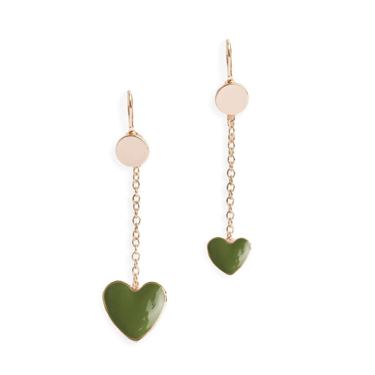 Orecchini a catena in metallo pendenti con cuori smaltati verdi - Mya Accessories
