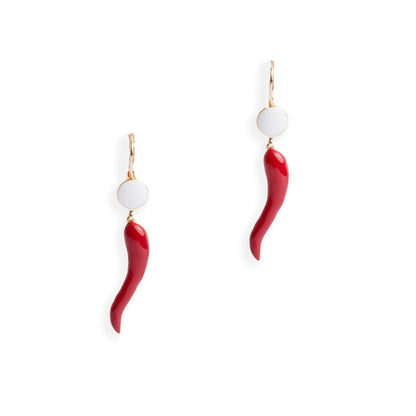 Orecchini pendenti smaltati bianchi e rossi con corno pendente - Mya Accessories
