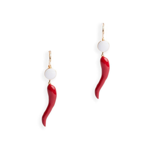 Orecchini pendenti smaltati bianchi e rossi con corno pendente - Mya Accessories