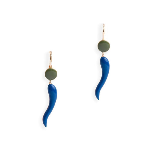 Orecchini pendenti smaltati verde e blu con corno pendente - Mya Accessories
